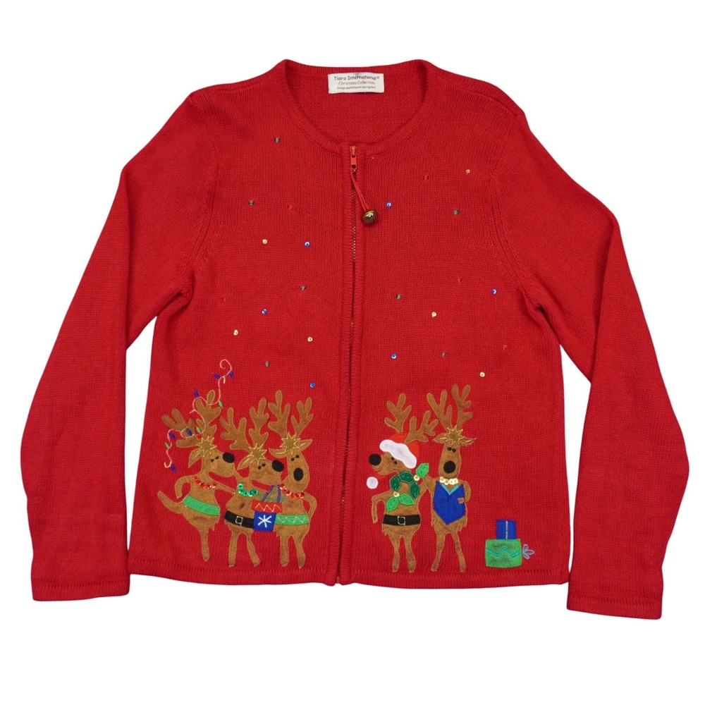 Vintage Reindeer Sequin Ugly Christmas Sweater Jingle Bell Cardigan Women M Red